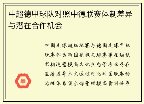 中超德甲球队对照中德联赛体制差异与潜在合作机会